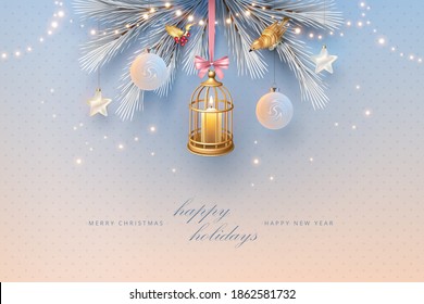 Happy New Year and Merry Christmas banner. Elegant background with fir tree branches, toy bird and birdcage. Xmas design with decorative objects and Christmas lights