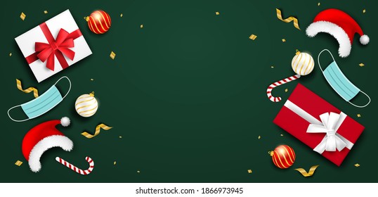 Happy new year and Merry Christmas new normal concept. Design with santa claus hat and medical mask on green background .Vector. illustration.
