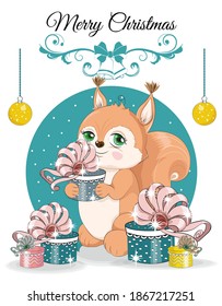 Happy New year. Merry Christmas cute squirrel  with gifts. picture in hand drawing cartoon style, for t-shirt wear fashion print design, greeting card, postcard. baby shower. party invitation