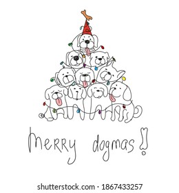 Happy new year and merry Christmas. Christmas tree made of dogs