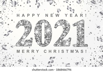 Happy New Year and Merry Christmas Banner with glowing silver 2021 Numbers on white background with scattered confetti. Vector illustration. All isolated and layered
