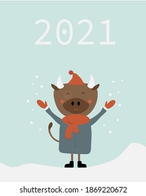 Happy New Year and Merry Christmas! Cute cartoonish bull. Happy 2021 card. Bull vector illustration.