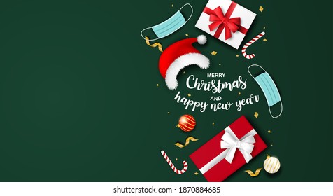 Happy new year and Merry Christmas new normal concept. Design with santa claus hat and medical mask on green background .Vector. illustration.
