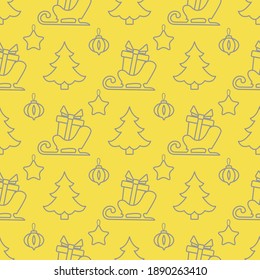 Happy new year, Merry Christmas vector seamless pattern with Christmas tree, Santa's sleigh, gifts, Christmas tree toys. Design for wrapping, fabric, print. Illuminating and Ultimate Gray.