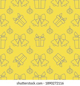 Happy new year, Merry Christmas vector seamless pattern with Christmas tree toy, bells, gifts. Design for wrapping, fabric, print. Illuminating and Ultimate Gray.