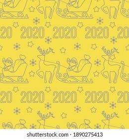 Happy New Year, Merry Christmas seamless pattern. Vector illustration Santa Claus with bag of gifts rides in sleigh pulled by a deer. Illuminating and Ultimate Gray.