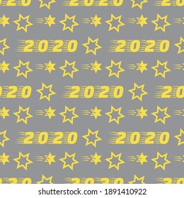 Happy New Year, Merry Christmas seamless pattern. Vector illustration with stars and numbers 2020. Festive background. Design for packaging paper, fabric, print. Illuminating and Ultimate Gray.