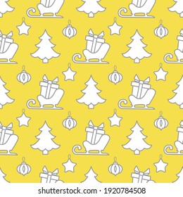 Happy new year, Merry Christmas vector seamless pattern with Christmas tree, Santa's sleigh, gifts, Christmas tree toys. Design for wrapping, fabric, print. Illuminating and Ultimate Gray.
