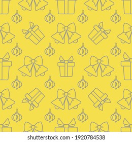 Happy new year, Merry Christmas vector seamless pattern with Christmas tree toy, bells, gifts. Design for wrapping, fabric, print. Illuminating and Ultimate Gray.