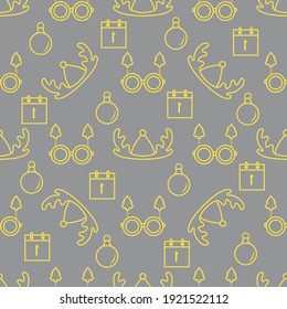 Happy new year, Merry Christmas vector seamless pattern with deer horns, Christmas ball, calendar, glasses with Christmas trees. Masquerade Party Illuminating and Ultimate Gray.