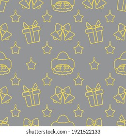 Happy new year, Merry Christmas vector seamless pattern with Santa Claus mask, Christmas toy star, bells, gifts. Design for wrapping, fabric, print. Illuminating and Ultimate Gray.