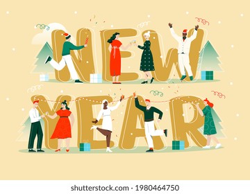 Happy New year, Merry Christmas Concepts. Diverse male and female characters celebrating holiday, Corporate party event drinking champagne, dancing, enjoying holiday. Flat cartoon vector Illustration