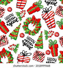 Happy new year and Merry Christmas seamless pattern. Design, wallpaper, textiles, packaging, print