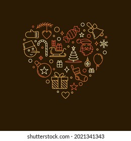 Happy New Year and Merry Christmas Heart-Shaped outline creative banner - vector I Love Winter Holidays concept illustration