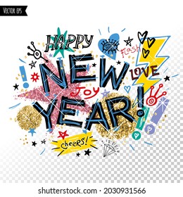 Happy New Year, Merry Christmas holidays. Greeting lettering, the slogan for cards, posters, bright design, art. Golden glitter sparkle star, marker, ink, pen sketch style. Doodles illustration vector