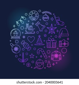 Happy New Year and Merry Christmas round colored outline banner - vector Xmas concept modern illustration on dark background