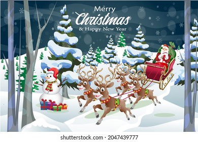 
Happy new year Merry Christmas cartoon greeting snowman with Reindeer and Santa Claus