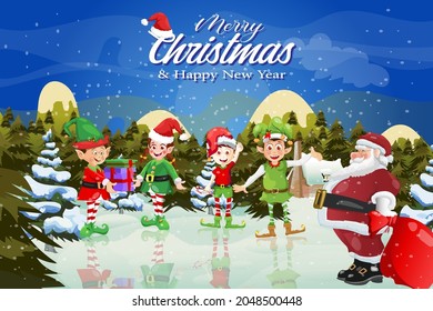 Happy new year Merry Christmas cartoon greeting card with Santa Claus and elves