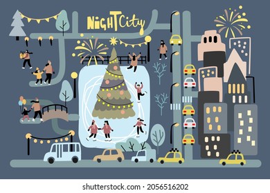 happy new year and merry Christmas winter city night street vector. Town and skating rink