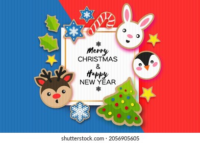 Happy New Year and Merry Christmas Greeting card. Christmas gingerbread paper cut style. Animals. Deer, Rabbit, Penguin. Square frame. Winter holidays.