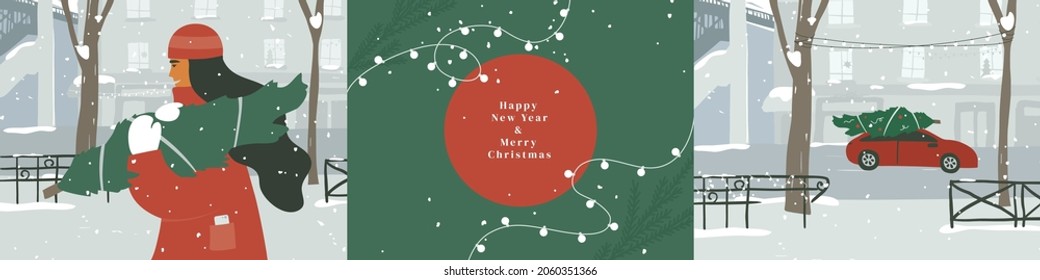 Happy New Year and Merry Christmas postcard set. Winter city cozy landscape. Woman walking down snowy festive street. Red car with Christmas tree on roof. Art poster, holiday card, vector illustration