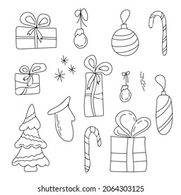 Happy New Year and Merry Christmas. Set of winter Vector illustration in doodle style. Hand-drawn Christmas tree, decorations, snowflakes, gifts. Black and white colors