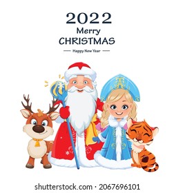 Happy New Year and Merry Christmas. Russian Father Frost (Santa Claus) and Snegurochka (Snow Maiden) standing near tiger and deer