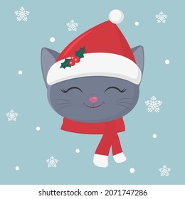 Happy New Year and Merry Christmas. Cute kitten of the British breed in a Santa hat and a scarf on a background of snowflakes. Cartoon, flat style, vector.