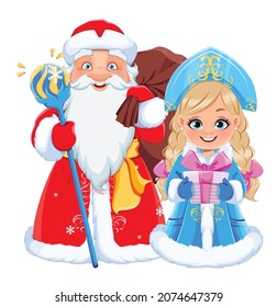 Happy New Year and Merry Christmas. Russian Father Frost (Santa Claus) and Snegurochka (Snow Maiden).