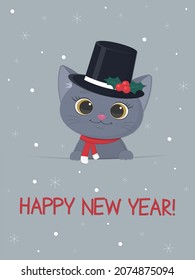 Happy New Year and Merry Christmas postcard. Cute kitten of the British breed in a snowman hat and a scarf on a background of snowflakes. Cartoon, flat style, vector
