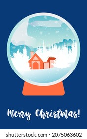 Happy New Year and Merry Christmas card. Xmas Snowball with trees and house. Glass snow globe illustration. Holiday vector poster, banner, greeting card, flyer