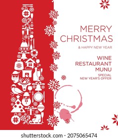 Happy New Year and Merry Christmas Restaurant Menu card poster design with flat champagne bottle with christmas icon and place for your text message.