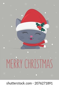Happy New Year and Merry Christmas postcard. Cute kitten of the British breed in a Santa hat and a scarf on a background of snowflakes. Cartoon, flat style, vector.