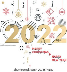 Happy New Year and Merry Christmas banner. Xmas 2022 vector. Festive Christmas object. Holiday poster, header for website, greeting card, flyer. Minimalist text.