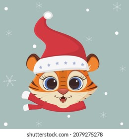 Happy New Year and Merry Christmas. Year of the tiger 2022. Cute tiger in a Santa hat and a scarf on a background of snowflakes. Cartoon, flat style, vector.