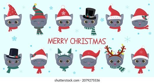 Happy New Year and Merry Christmas. A set of twelve heads of cute British breed kittens in Santa carnival hats and scarves and other accessories and snowflakes. Cartoon, flat style, vector