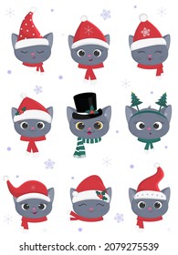 Happy New Year and Merry Christmas. A set of nine heads of cute kittens of the British breed in carnival hats and scarves of Santa Claus, as other accessories and snowflakes. Cartoon, flat, vector