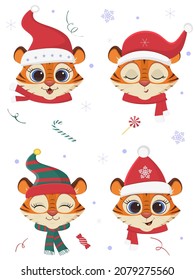 Happy New Year and Merry Christmas. A set of four tiger heads in carnival hats and scarves of Santa Claus, against a background of snowflakes and sweets. Cartoon, flat style, vector