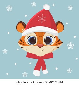Happy New Year and Merry Christmas. Year of the tiger 2022. Cute tiger in a Santa hat and a scarf on a background of snowflakes. Cartoon, flat style, vector.