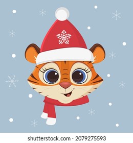 Happy New Year and Merry Christmas. Year of the tiger 2022. Cute tiger in a Santa hat and a scarf on a background of snowflakes. Cartoon, flat style, vector.