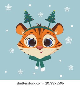 Happy New Year and Merry Christmas. 2022 year of the tiger. Cute tiger in a Christmas tree headband and a scarf on a background of snowflakes. Cartoon, flat style, vector.