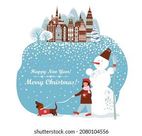 Happy New Year and Merry Christmas! Celebration background with houses, Christmas tree, snowman, dog, girl and place for your text. Holidays Winter Background. Trendy retro style. Vector illustration