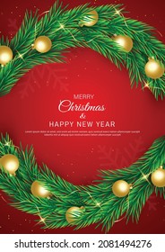 Happy new year and Merry Christmas background brochure, flyer, invitation card template design with decorative pine leaves and Christmas lights. Vector illustration.