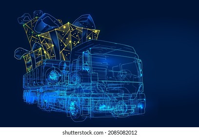 Happy New Year and Merry Christmas polygonal 3d truck with gifts in dark blue background. A festive atmosphere for your corporate gifts, calendars, banners and postcards. Online cargo delivery service