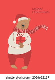 Happy New Year! Merry Christmas! Cartoon illustration with santa bear. Cute festive poster, postcard or banner. Teddy bear in a colorful winter sweater and Christmas hat with a gift.