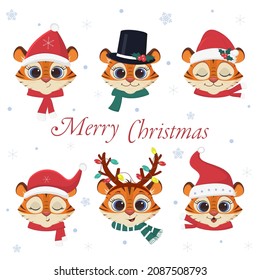 Happy New Year and Merry Christmas. A set of six heads of cute Tiger in carnival hats and scarves of Santa Claus, as well as other accessories and snowflakes. Cartoon, vector.
