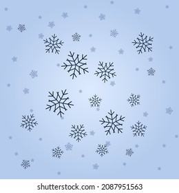 Happy New Year, Merry Christmas. Snowflakes of different sizes. against the background of the dark blue sky. Abstract festive background. Material for the designer. Isolated object Vector illustration