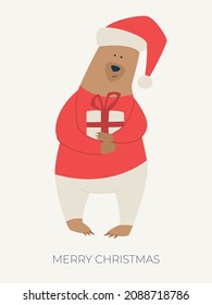 Happy New Year! Merry Christmas! Cartoon illustration with santa bear. Cute festive poster, postcard or banner. Teddy bear in a colorful winter sweater and Christmas hat with a gift.