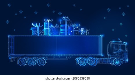 Happy New Year and Merry Christmas polygonal 3d truck with gifts in dark blue background. A festive atmosphere for your corporate gifts, calendars, banners and postcards. Online cargo delivery service