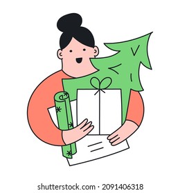 Happy New Year and Merry Christmas! A cute cartoon woman holding presents and a new year tree. Thin line beautiful vector illustration on white background.